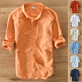 リネンシャツ 長袖シャツ メンズシャツ 薄手 無地 シンプル スリム カジュアルシャツ 綿麻シャツ トップス 春服 夏服 秋物 薄手 涼しい