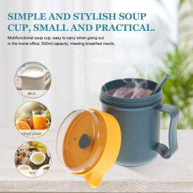 NUOLUX ランチスープジャー スープジャー 500ML レンジ対応 ランチジャー 蓋付き スプーン付き スープ容器 ボウル マグカップ 青 13.8X9cm スプーンの色はランダム