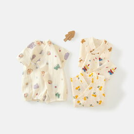 ベビー服 和服 ロンパース 新生児 半袖 薄手 通気性 春夏 綿100% 紗布 かわいい 草莓 黄桜桃 恐竜兔 小熊 小兔 小狗 快乐熊 月亮小象 カーキ兔 恐竜