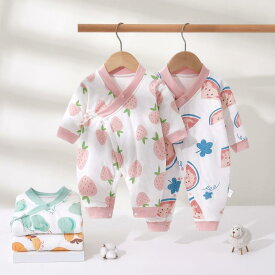 ベビー服 新生児服 秋冬用 ジャンプスーツ カバーオール コットン100% 薄手 中綿入り 長袖 乳児 幼児 男女兼用 ピンク いちご柄 春秋冬 グリーン 梨柄 イエロー みかん柄 ドラゴン ブルー クラウンベア 黄緑 ツリーベア