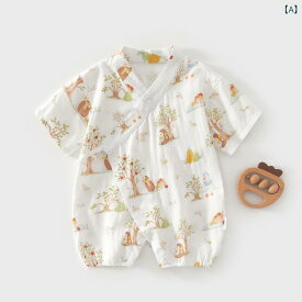 ベビー服 ロンパース 新生児 赤ちゃん 紗布 薄手 短袖 和服風 接触冷感 通気性 涼しい 快適 肌に優しい 斜め掛け紐 かわいい アニマル柄 フルーツ柄 花柄 59cm 66cm 73cm 80cm 90cm