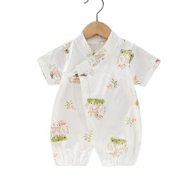 ベビー服 ロンパース 新生児 半袖 コットン 薄手 和服 前開き 紐 かわいい アニマル柄 夏 52cm 59cm 66cm 73cm 80cm