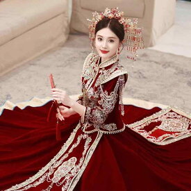 ウェディングドレス レディース 秀禾服 ベルベット 高級感 結婚式 花嫁 衣装 Aライン 小柄サイズ 秋冬 チャイナドレス