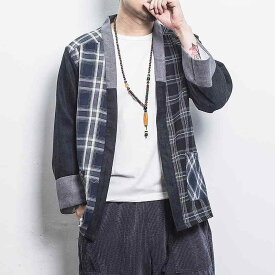 シャツ 男性用 和風 カーディガン 綿麻 格子柄 トップス カジュアル 中国風 リネン