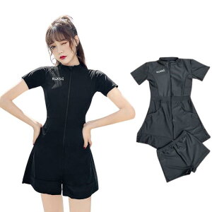 レディース 水着 フィットネス水着 2点セット UVカット ワンピース水着 半袖ラッシュガード 体型カバー タンキニ 競泳水着 女性水着 スポーティー水着 スイムドレス 前開きファスナー ショ