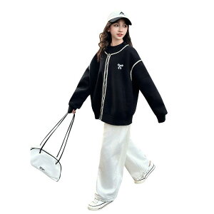 子供服 ジャケット 女の子 春秋 ブルゾン ジャンパー キッズ アウター トップス リボン付き 野球服 ラウンドネック 長袖 ゆったり かわいい 黒 120cm 130cm 140cm 150cm 160cm 170cm
