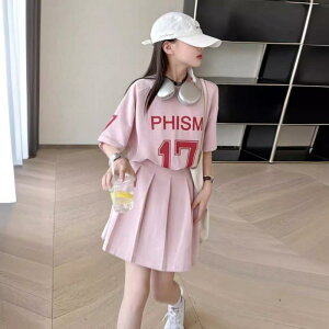 子供用セットアップ スカート 半袖Tシャツ付き 夏服 女の子 中大童サイズ 2点セット ピンク系 オフホワイト ポリエステル素材 通学 普段使い