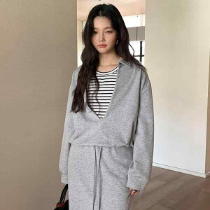 セットアップ レディース 切り替え 灰色 スウェット トレーナー 膝下スカート 上下セット 綿 混紡 日韓スタイル カジュアル 長袖