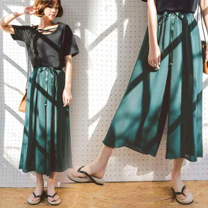 パンツ レディース ワイドレッグ スカーチョ 春夏 接触冷感 ゆったり 大きめサイズ 高見え ウエストリボン 黒 ブラック 墨黒 緑 灰青 杏色 ピンク系 M L XL 2L 3L 4L 5L 6L
