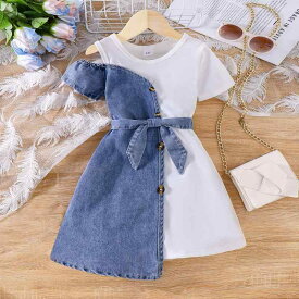 ワンピース キッズ 女の子 デニム 半袖 不規則 膝丈 2点セット（ワンピース、ベルト）春夏 普段使い かわいい 聚酯纤维（涤纶）白色
