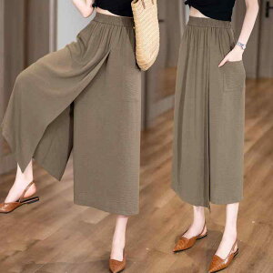 パンツ レディース 高腰 ワイドレッグパンツ ポリエステル ゆったり スリット 薄手 七分丈 7分丈 カジュアル 普段使い 部屋着 春夏 黒 ブラック 白 ホワイト ブラウン コーヒー 焦糖色 S M L XL