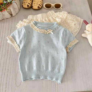 子供用セットアップ ニット半袖Tシャツ レーススカート ケーキスカート 2点セット 薄手 夏物 女の子 ガールズ 90 100 110 120 130 140