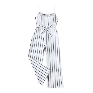 子供服 女の子 夏物 ストライプ柄 オールインワン サロペット ワイドレッグ ポリエステル 140cm 150cm 160cm ホワイト かわいい おしゃれ
