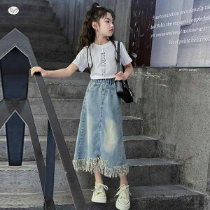 子供用スカート セットアップ 夏物 半袖Tシャツ デニムスカート フリンジ付き 薄手 女の子 ガールズ 120cm 130cm 140cm 150cm 160cm 170cm