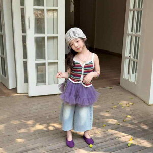 子供用タンクトップ パンツセット 女の子 ストライプ ノースリーブ チュールスカート デニムパンツ 3点セット 夏 薄手 かわいい ガールズ ベビー 90 100 110 120 130 140cm