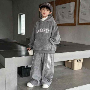 子供用スウェットセットアップ 春秋 男の子 中大童向け パーカー  パンツ 綿混紡 灰色 スポーツスタイル