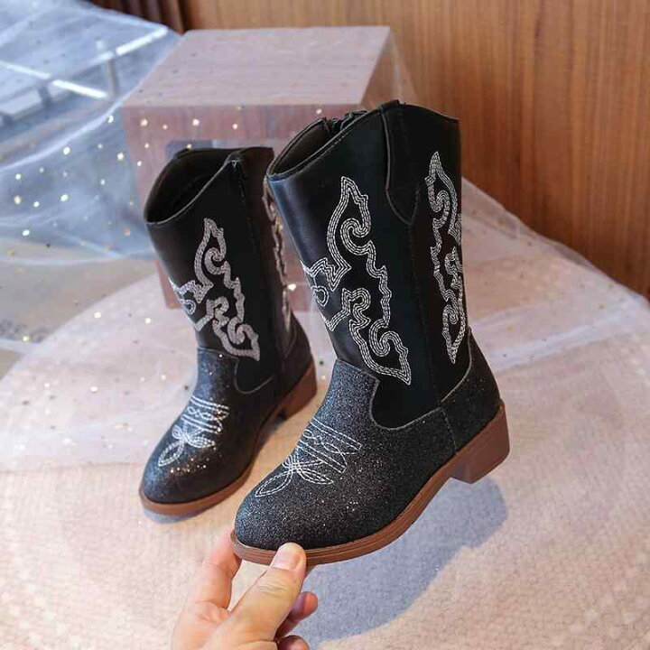楽天市場】ブーツ キッズ ウエスタンブーツ 刺繍入り 厚底 ミドル丈 