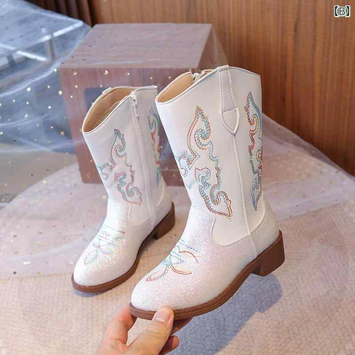 楽天市場】ブーツ キッズ ウエスタンブーツ 刺繍入り 厚底 ミドル丈