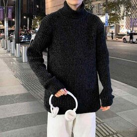 ニット メンズ セーター ハイネック プルオーバー リブ カジュアル トップス コットン ポリエステル混紡 伸縮性 通気性 秋冬 ブラック グレー カーキ