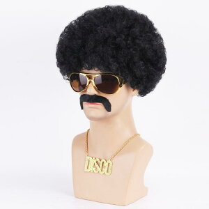 ウィッグ メンズ 男性用 アフロ パンク コスプレ イベント 舞台 撮影用 黒 ブラック ブラウン 墨? サングラス ネックレス 小物 セット