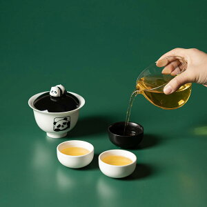茶器 旅行茶具 携帯茶器セット 煎茶道具 陶器 熊猫 パンダ 国風 蓋碗 碗 カップ コップ 灰色 グレー 緑 グリーン アウトドア