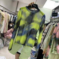 Tシャツ レディース 韓国風 絞り染め チュール 長袖 トップス ゆったり ラウンドネック ストリート カジ…