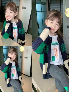 ニット カーディガン ガールズ 子供服 配色 トップス かわいい おしゃれ 春秋 長袖 ポリエステル100% 普段着 お出かけ着 緑