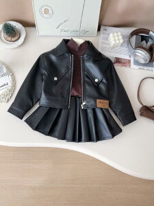 子供用セットアップ 女の子 レザー風ジャケット プリーツスカート 2点セット 長袖 春秋 普段使い おしゃれ かわいい ブラック ピンク系 90 100 110 120 130 140