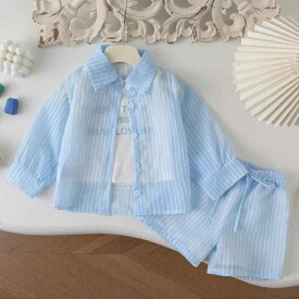 子供用セットアップ 女の子 ストライプ柄 薄手長袖シャツ ベスト ショートパンツ 3点セット 聚酯纤维（涤纶） 夏 中小童(3~8歳，100~140cm) 普段着