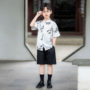 子供服 男の子 漢服 セットアップ 刺繍 ベスト ショートパンツ 和風 シャツ 学生 発表会 朗読 舞台衣装 ポリエステル 春夏 ブラック ホワイト