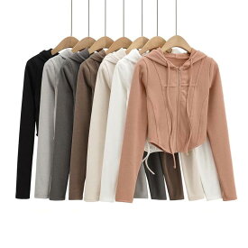 パーカー レディース スリムフィット クロップド丈 長袖 トップス 無地 フード付き ジップアップ スウェット カーディガン 綿 白/ピンク系/黒/グレー/ブラウン