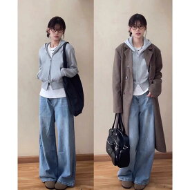 パーカー レディース スリム 韓国風 トップス 灰色 短め丈 ジップアップ スウェット 春秋 薄手 フード付き