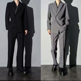 スーツ 男性用 セットアップ 2点セット ブラック系 グレー系 配色 立襟 ポリエステル 合体型 フォーマル カジュアル 普段使い