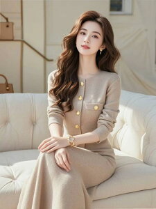 ワンピース レディース 秋冬 ニット 長袖 ミディ丈 Aライン きれいめ 上品 エレガント 通勤 デート オートミール ベージュ かわいい