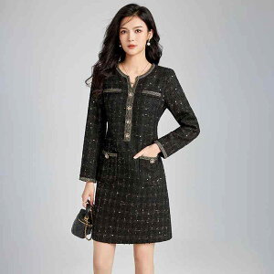 ワンピース レディース A字裙 ブラック 黒 金色 格子柄 長袖 膝丈 高見え 普段使い パーティードレス フォーマル お呼ばれ 謝恩会