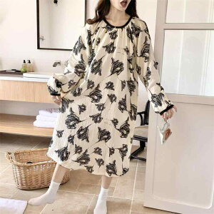 ワンピース レディース 水墨画柄 長袖 春秋 部屋着 ルームウェア 膝丈 ゆったり ポリエステル かわいい 接触冷感