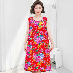 ワンピース レディース ミセス 婦人服 チュニック 人造綿 ノースリーブ 接触冷感 ゆったり Aライン 花柄 ミモレ丈 ルームウェア 部屋着 春夏