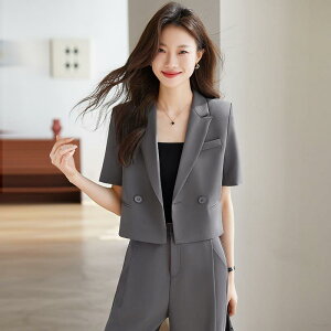 スーツ レディース 半袖 ポリエステル エレガント フォーマル オフィス ビジネス テーラードジャケット ワイドパンツ セットアップ ブラック グレー イエロー S M L XL 2XL