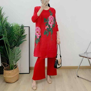 セットアップ レディース 大きいサイズ ゆったりサイズ プリーツ加工 プリント柄 チュニック ワンピース ストレート パンツ 2点 セット ポリエステル 秋冬 通勤 カジュアル