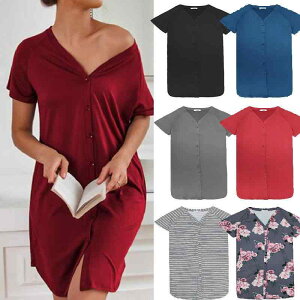 ワンピース レディース 妊婦 Vネック 開襟 前開き 膝丈 パジャマ 再生繊維 ゆったり 大きいサイズ 授乳 ルームウェア 春夏 秋冬