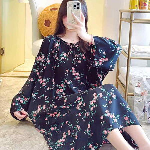 パジャマ レディース マタニティ 接触冷感 長袖 綿 春夏 部屋着 ルームウェア 婦人服 寝巻き ワンピース 膝丈 ミモレ丈 ラウンドネック ゆったり 締め付けない リラックス かわいい ローズ柄