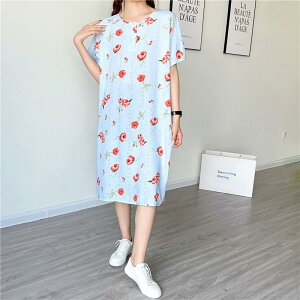 ワンピース レディース 婦人用 夏 人造綿 小熊柄 寝巻き 部屋着 ルームウェア 半袖 ミモレ丈 ゆったり 涼しい 快適 普段使い リラックス かわいい 花柄