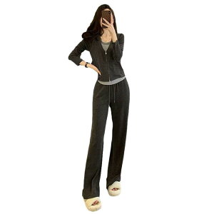 スポーツウェア レディース スウェット セットアップ 秋冬 上下セット 部屋着 リラックスウェア カジュアル 普段使い 長袖 トレーナー ワイドパンツ 無地 韓国風 ファッション グレー