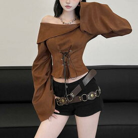 シャツ レディース 春秋 長袖 一文字肩 ブラウス 焦糖棕色 ポリエステル 修身 ショート丈 トップス 絞り染め バンド