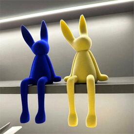 置物 オブジェ ウサギ ぬいぐるみ風 ブルー イエロー 樹脂製 リビング 玄関 寝室 本棚 飾り かわいい