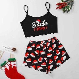ルームウェア レディース 女性用 寝巻き キャミソール 短パン 上下セット 接触冷感 パジャマ クリスマス エルク 雪だるま ブラック レッド グリーン S M L XL XXL XXXL
