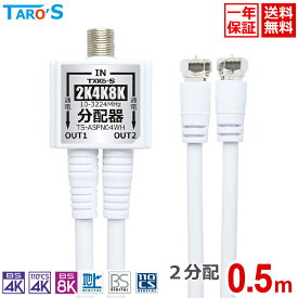 テレビアンテナ 分配器 2分配 50cm 出力側ケーブル付き ケーブル一体型 2K 4K 8K 3224MHz 衛星放送 地デジ BS CS 対応 テレビ用 全端子電流通過型 ホワイト TS-ASPN04WH 送料無料