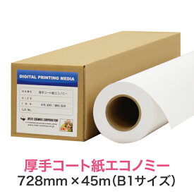 水性インクジェットロール紙【厚手コート紙 エコノミー（フチなし印刷対応） 728mm×45M（B1縦・B2横サイズ）】大判プリンター用 ロールメディア 業務用 インクジェット用 印刷紙 印刷用紙