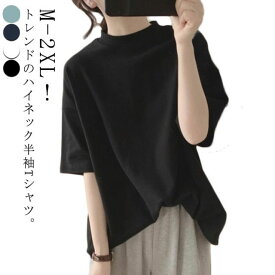 ハイネックTシャツ ハイネックTシャツ 体型カバー レディース 夏服 半袖 半袖Tシャツ コットン プルオーバー カットソー タートルネック 首元隠し トップス 綿 ゆったり ゆる 大きいサイズ ビッグサイズ 無地 おしゃれ 紫外線対策 日焼け対策 春 夏 二の腕カバー