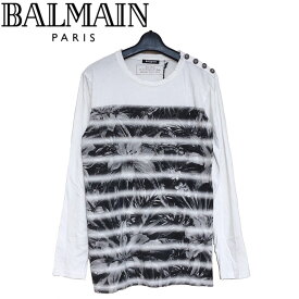 【新品】確実正規品 BALMAIN　バルマン フローラル ボーダー Tシャツ シャツ 長袖 ホワイト ブラック 白 黒 メンズ S